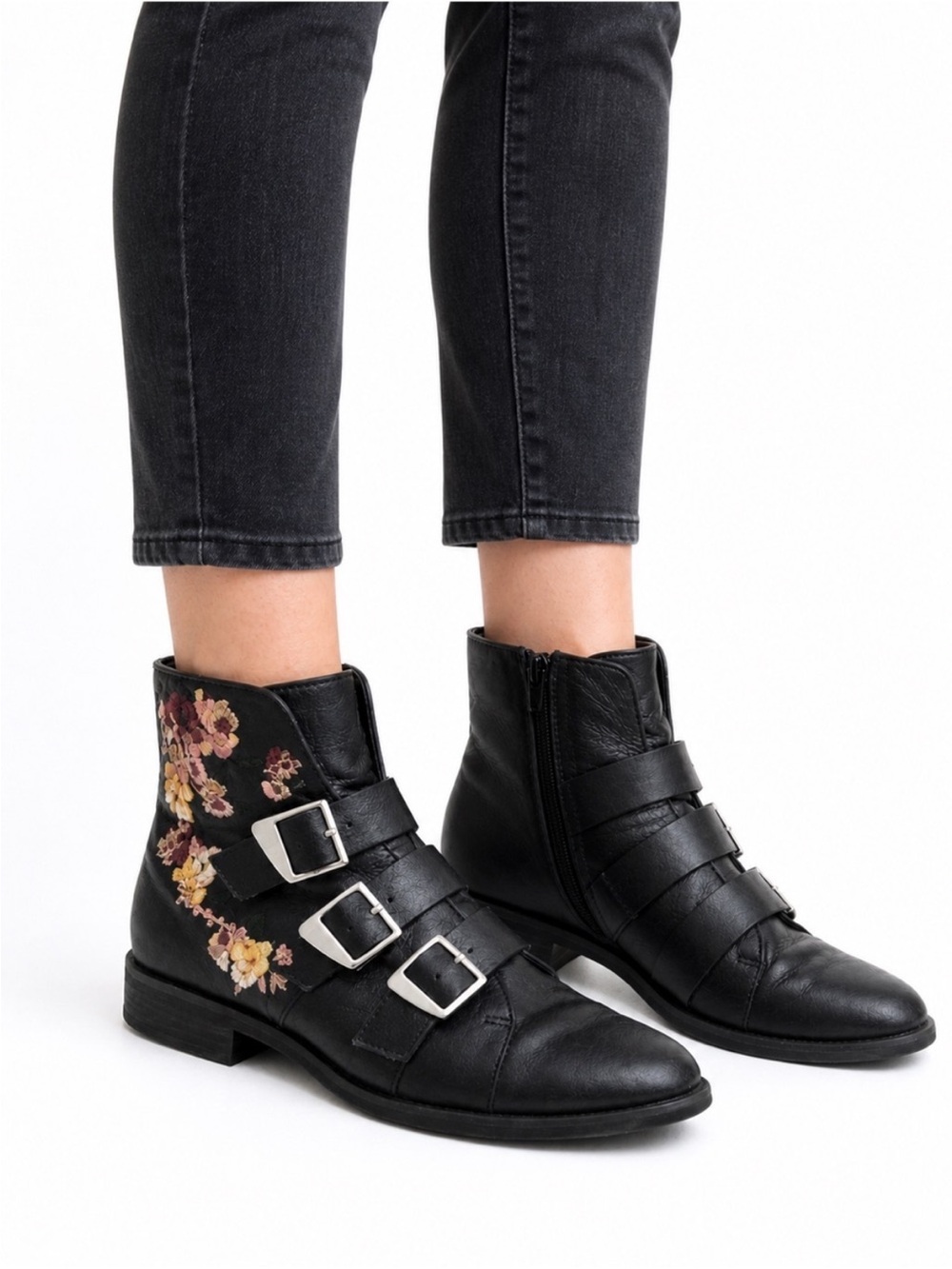 Size 7.5 (38) Zara Trafaluc Women’s Floral Embroidered Triple Buckle Ankle Boots